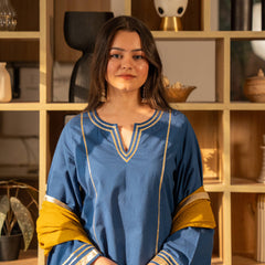 (Pre-order) Cobalt Blue Pure Cotton Solid Gota Work Round Neck Full Sleeves Hip Length A-Line Kurta Farshi Salwar And Dupatta Set