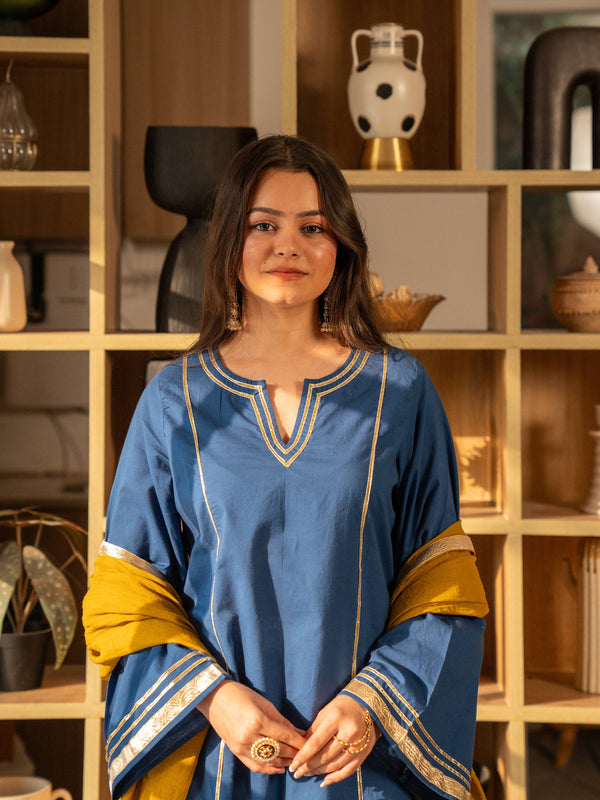 (Pre-order) Cobalt Blue Pure Cotton Solid Gota Work Round Neck Full Sleeves Hip Length A-Line Kurta Farshi Salwar And Dupatta Set