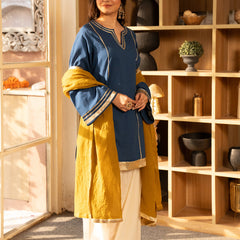 (Pre-order) Cobalt Blue Pure Cotton Solid Gota Work Round Neck Full Sleeves Hip Length A-Line Kurta Farshi Salwar And Dupatta Set