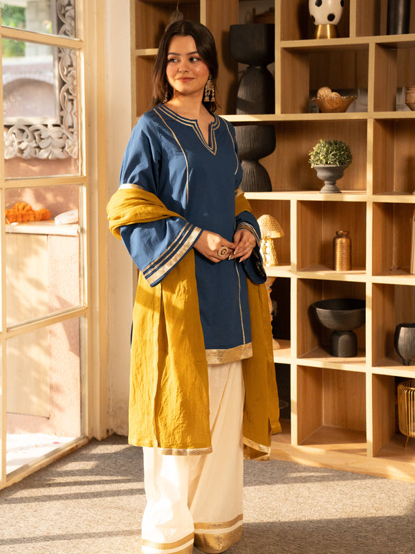 (Pre-order) Cobalt Blue Pure Cotton Solid Gota Work Round Neck Full Sleeves Hip Length A-Line Kurta Farshi Salwar And Dupatta Set