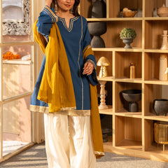 (Pre-order) Cobalt Blue Pure Cotton Solid Gota Work Round Neck Full Sleeves Hip Length A-Line Kurta Farshi Salwar And Dupatta Set