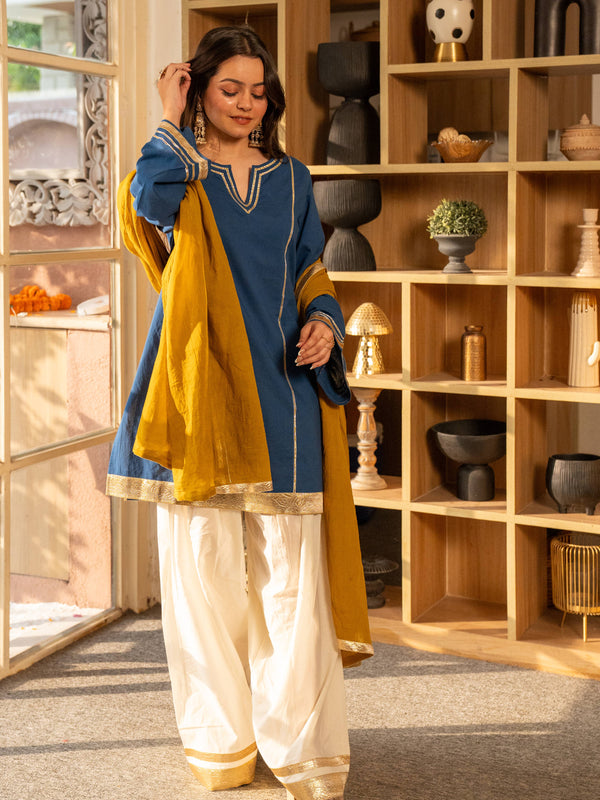 (Pre-order) Cobalt Blue Pure Cotton Solid Gota Work Round Neck Full Sleeves Hip Length A-Line Kurta Farshi Salwar And Dupatta Set