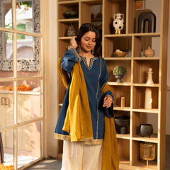 (Pre-order) Cobalt Blue Pure Cotton Solid Gota Work Round Neck Full Sleeves Hip Length A-Line Kurta Farshi Salwar And Dupatta Set