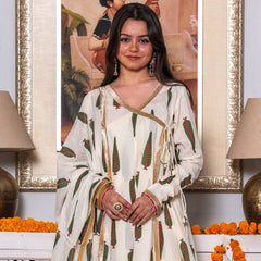 (Pre-order) Off White Pure Cotton Printed Gota Work V-Neck Full Sleeves Hip Length Angrakha Sharara And Dupatta Set