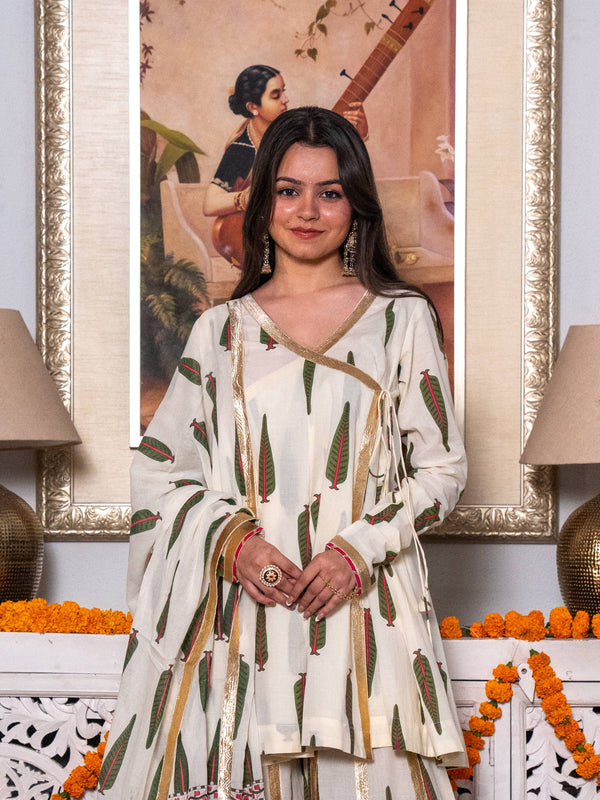 (Pre-order) Off White Pure Cotton Printed Gota Work V-Neck Full Sleeves Hip Length Angrakha Sharara And Dupatta Set