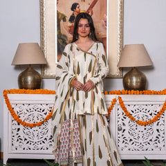 (Pre-order) Off White Pure Cotton Printed Gota Work V-Neck Full Sleeves Hip Length Angrakha Sharara And Dupatta Set