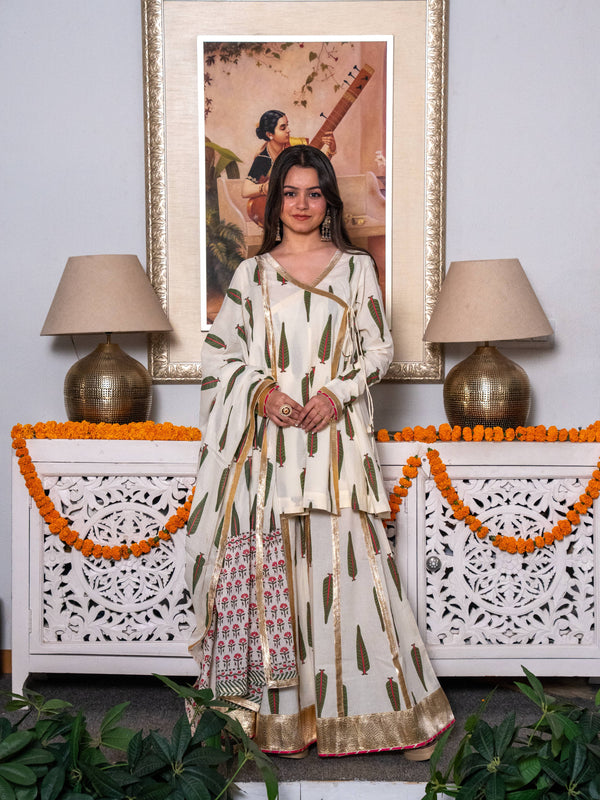 (Pre-order) Off White Pure Cotton Printed Gota Work V-Neck Full Sleeves Hip Length Angrakha Sharara And Dupatta Set