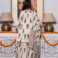 (Pre-order) Off White Pure Cotton Printed Gota Work V-Neck Full Sleeves Hip Length Angrakha Sharara And Dupatta Set