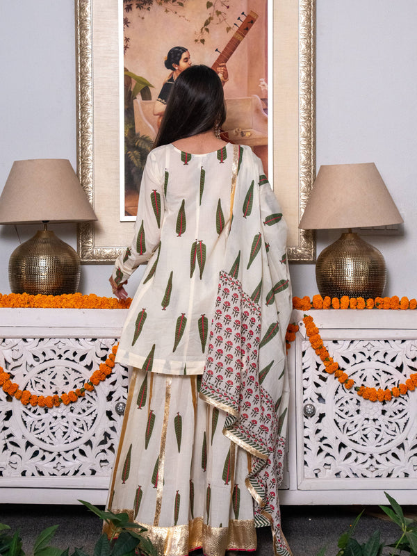 (Pre-order) Off White Pure Cotton Printed Gota Work V-Neck Full Sleeves Hip Length Angrakha Sharara And Dupatta Set