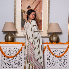 (Pre-order) Off White Pure Cotton Printed Gota Work V-Neck Full Sleeves Hip Length Angrakha Sharara And Dupatta Set