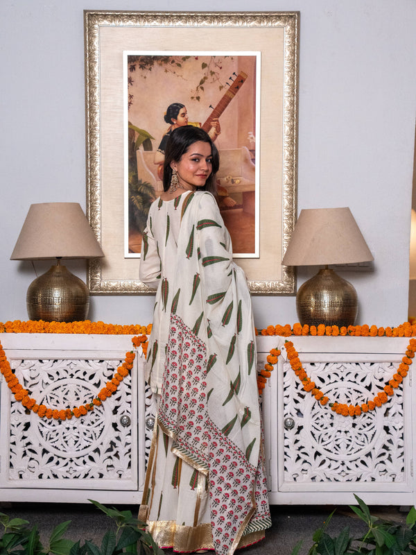 (Pre-order) Off White Pure Cotton Printed Gota Work V-Neck Full Sleeves Hip Length Angrakha Sharara And Dupatta Set