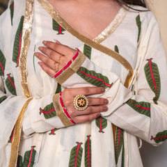 (Pre-order) Off White Pure Cotton Printed Gota Work V-Neck Full Sleeves Hip Length Angrakha Sharara And Dupatta Set
