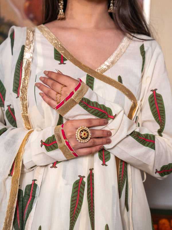 (Pre-order) Off White Pure Cotton Printed Gota Work V-Neck Full Sleeves Hip Length Angrakha Sharara And Dupatta Set