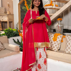 (Pre-order) Hot Pink Pure Cotton Solid Gota Work Round Neck Full Sleeves Hip Length A-Line Kurta Farshi Salwar And Dupatta Set
