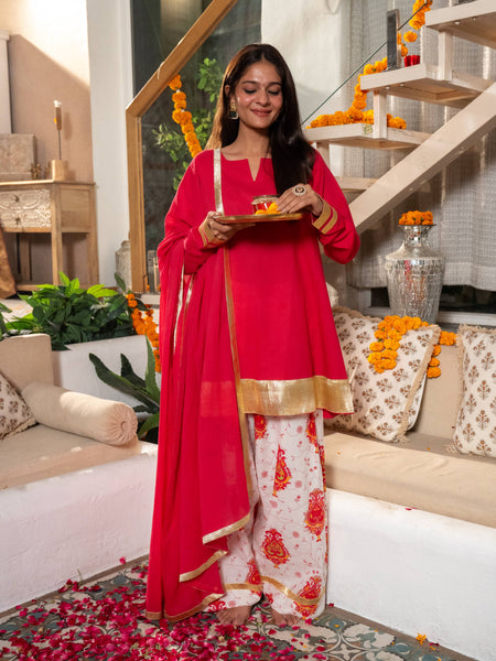 (Pre-order) Hot Pink Pure Cotton Solid Gota Work Round Neck Full Sleeves Hip Length A-Line Kurta Farshi Salwar And Dupatta Set