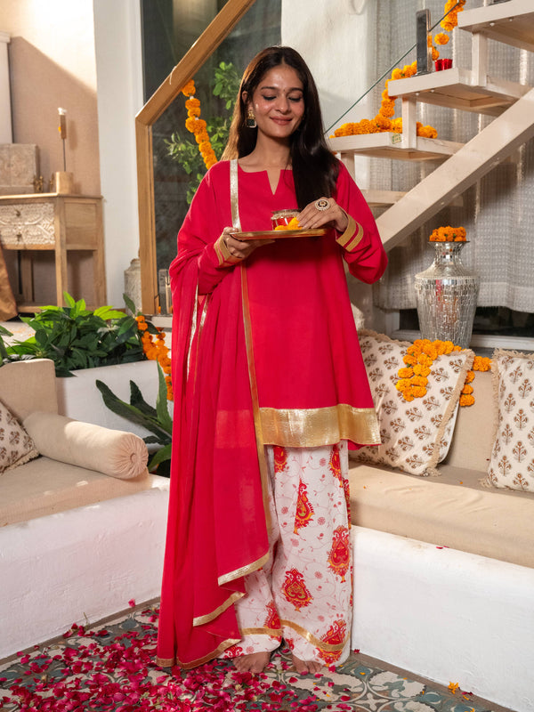 (Pre-order) Hot Pink Pure Cotton Solid Gota Work Round Neck Full Sleeves Hip Length A-Line Kurta Farshi Salwar And Dupatta Set