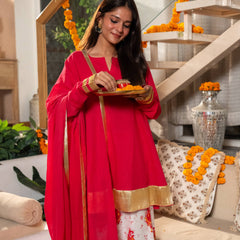 (Pre-order) Hot Pink Pure Cotton Solid Gota Work Round Neck Full Sleeves Hip Length A-Line Kurta Farshi Salwar And Dupatta Set