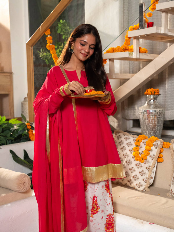 (Pre-order) Hot Pink Pure Cotton Solid Gota Work Round Neck Full Sleeves Hip Length A-Line Kurta Farshi Salwar And Dupatta Set