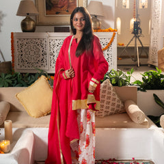 (Pre-order) Hot Pink Pure Cotton Solid Gota Work Round Neck Full Sleeves Hip Length A-Line Kurta Farshi Salwar And Dupatta Set