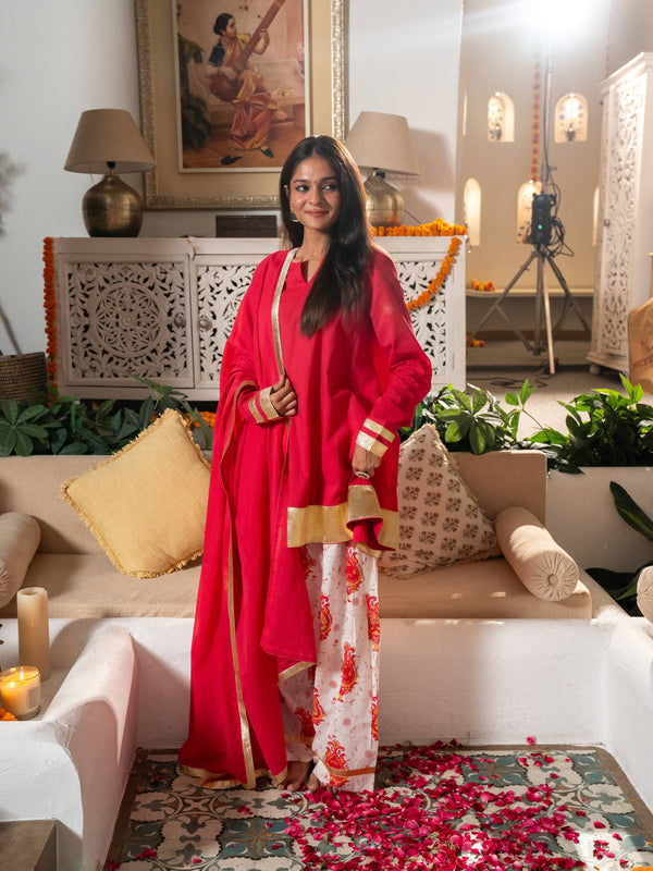 (Pre-order) Hot Pink Pure Cotton Solid Gota Work Round Neck Full Sleeves Hip Length A-Line Kurta Farshi Salwar And Dupatta Set