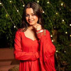 (Pre-order) Red Pure Cotton Solid Sweetheart Neck Full Sleeves Ankle Length Flared Kurta Pant And Dupatta Set