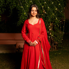 (Pre-order) Red Pure Cotton Solid Sweetheart Neck Full Sleeves Ankle Length Flared Kurta Pant And Dupatta Set