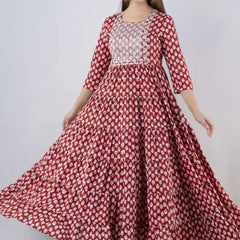 Maroon Cotton Printed Embroidered Round Neck 3/4 Sleeves Calf Length Flared Kurta