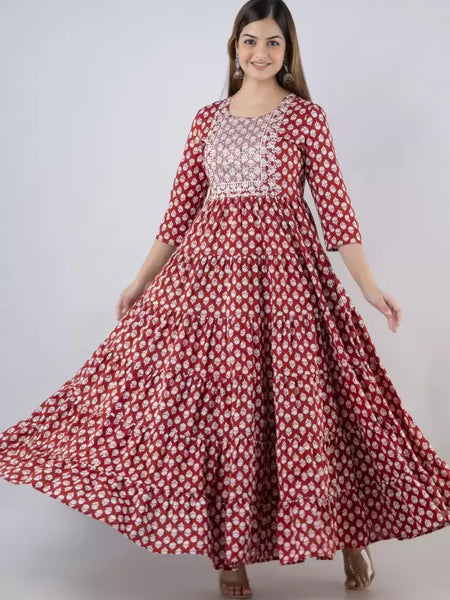Maroon Cotton Printed Embroidered Round Neck 3/4 Sleeves Calf Length Flared Kurta
