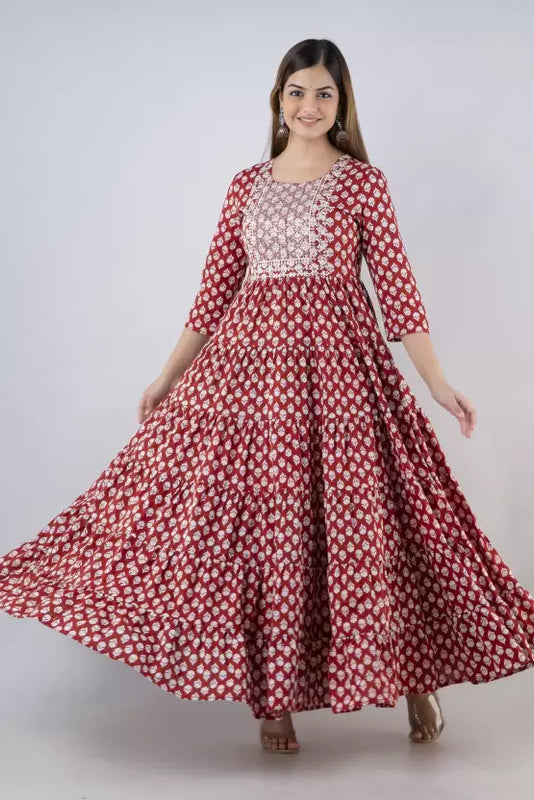 Maroon Cotton Printed Embroidered Round Neck 3/4 Sleeves Calf Length Flared Kurta