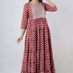 Maroon Cotton Printed Embroidered Round Neck 3/4 Sleeves Calf Length Flared Kurta