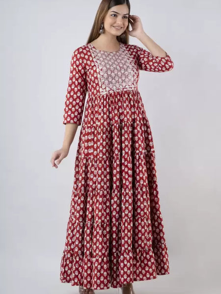 Maroon Cotton Printed Embroidered Round Neck 3/4 Sleeves Calf Length Flared Kurta