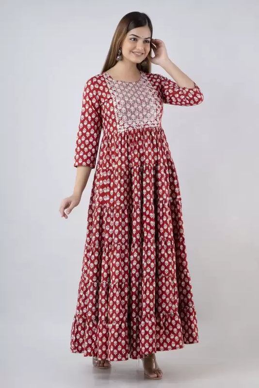 Maroon Cotton Printed Embroidered Round Neck 3/4 Sleeves Calf Length Flared Kurta