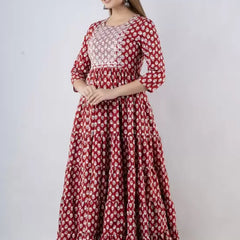 Maroon Cotton Printed Embroidered Round Neck 3/4 Sleeves Calf Length Flared Kurta