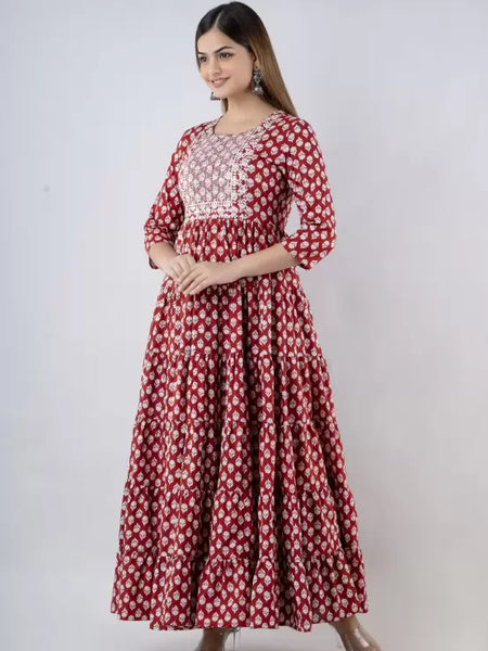 Maroon Cotton Printed Embroidered Round Neck 3/4 Sleeves Calf Length Flared Kurta
