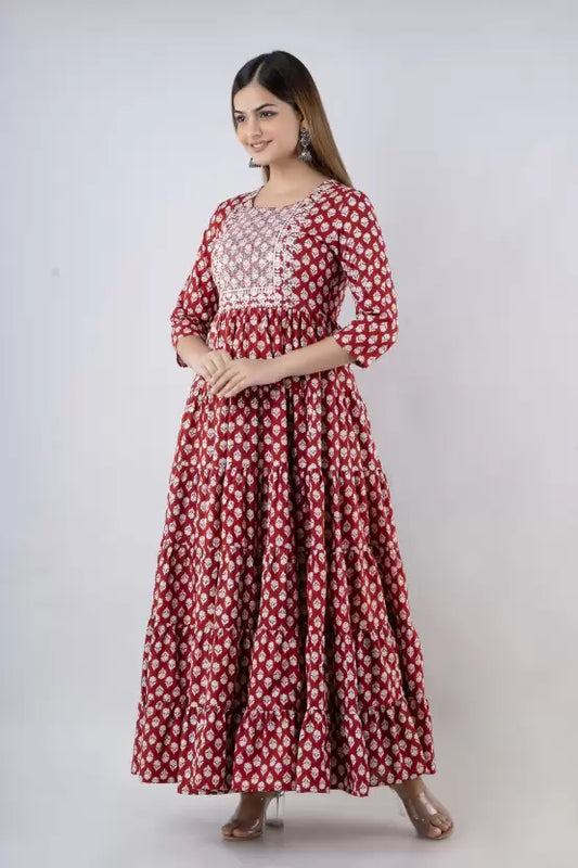 Maroon Cotton Printed Embroidered Round Neck 3/4 Sleeves Calf Length Flared Kurta