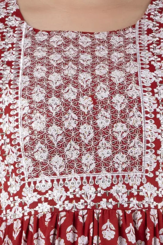 Maroon Cotton Printed Embroidered Round Neck 3/4 Sleeves Calf Length Flared Kurta