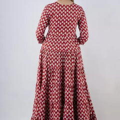 Maroon Cotton Printed Embroidered Round Neck 3/4 Sleeves Calf Length Flared Kurta