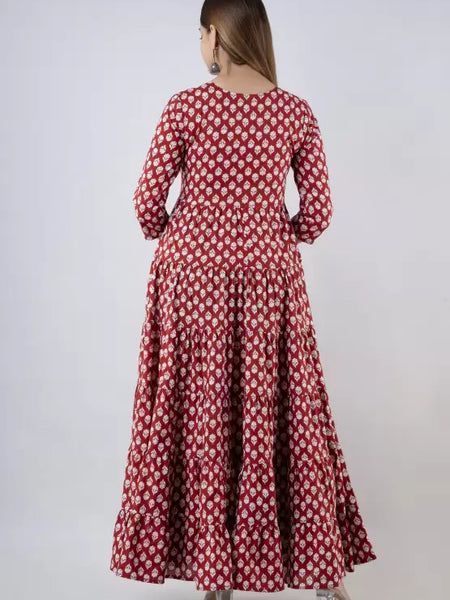 Maroon Cotton Printed Embroidered Round Neck 3/4 Sleeves Calf Length Flared Kurta