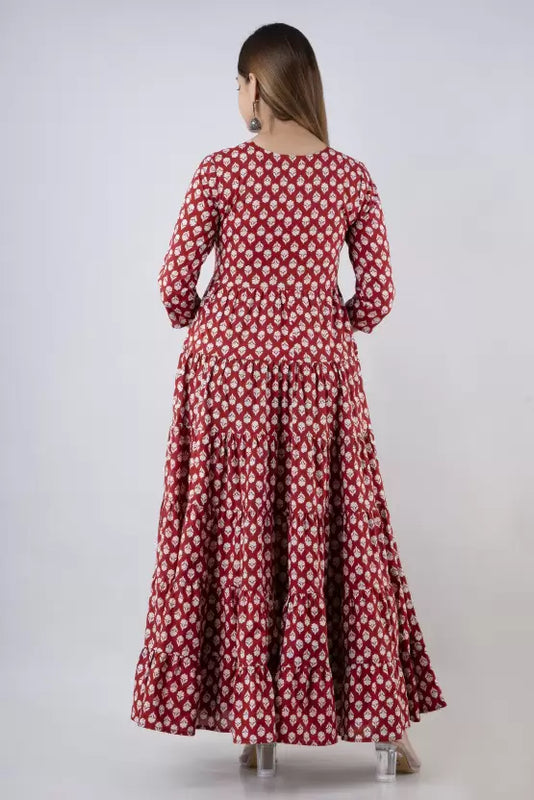 Maroon Cotton Printed Embroidered Round Neck 3/4 Sleeves Calf Length Flared Kurta
