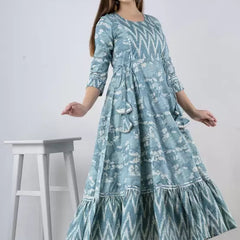 Seagreen Rayon Printed Round Neck 3/4 Sleeves Calf Length Flared Kurta