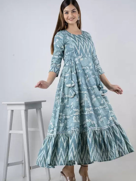 Seagreen Rayon Printed Round Neck 3/4 Sleeves Calf Length Flared Kurta