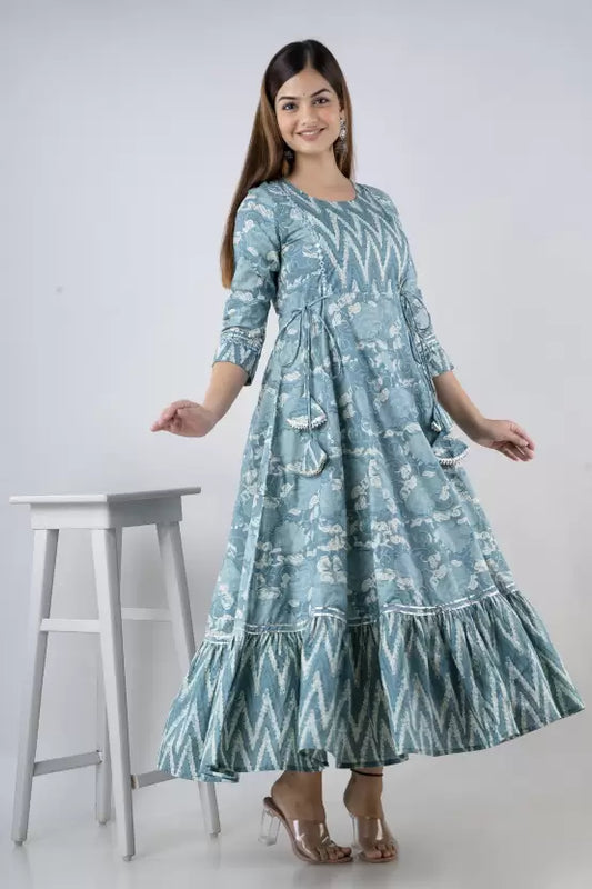 Seagreen Rayon Printed Round Neck 3/4 Sleeves Calf Length Flared Kurta