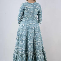 Seagreen Rayon Printed Round Neck 3/4 Sleeves Calf Length Flared Kurta