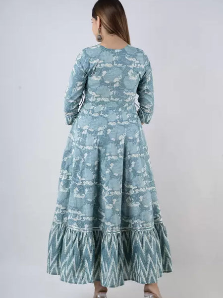 Seagreen Rayon Printed Round Neck 3/4 Sleeves Calf Length Flared Kurta