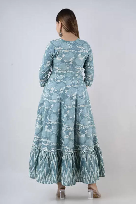 Seagreen Rayon Printed Round Neck 3/4 Sleeves Calf Length Flared Kurta