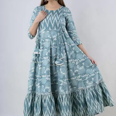 Seagreen Rayon Printed Round Neck 3/4 Sleeves Calf Length Flared Kurta