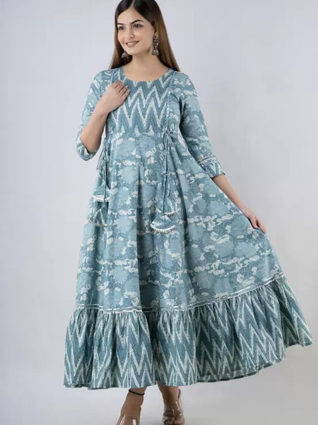 Seagreen Rayon Printed Round Neck 3/4 Sleeves Calf Length Flared Kurta