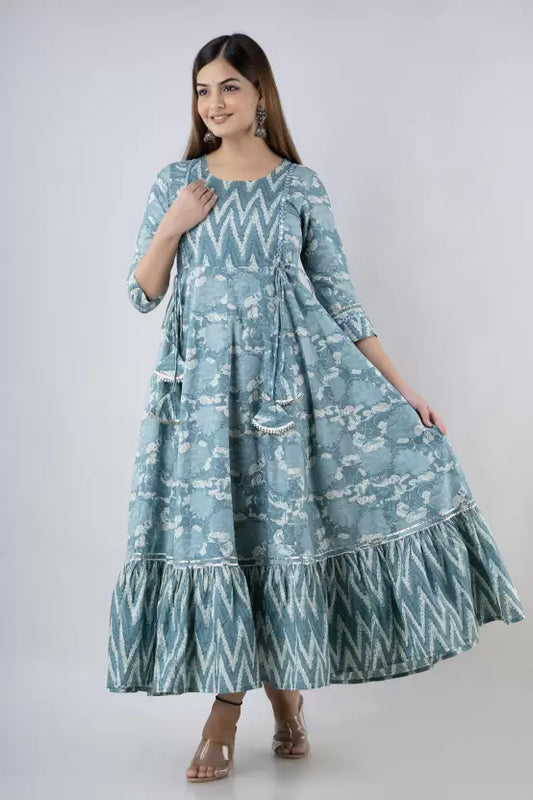 Seagreen Rayon Printed Round Neck 3/4 Sleeves Calf Length Flared Kurta