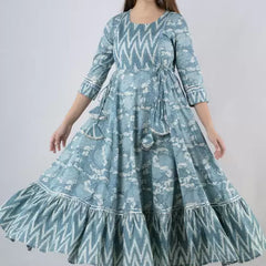 Seagreen Rayon Printed Round Neck 3/4 Sleeves Calf Length Flared Kurta