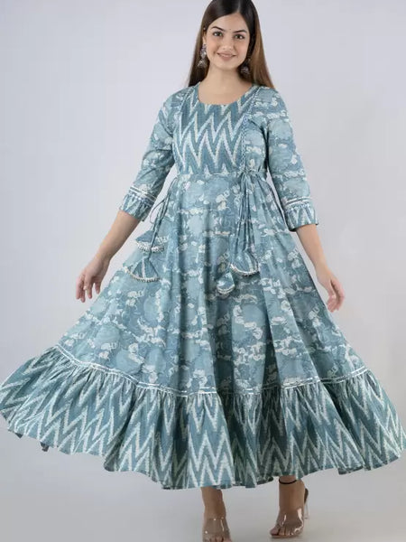 Seagreen Rayon Printed Round Neck 3/4 Sleeves Calf Length Flared Kurta
